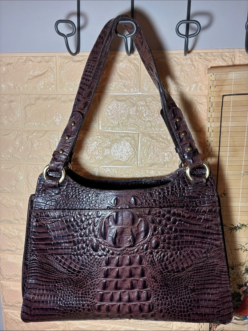 Brahmin Croc-Embossed Leather Shoulder Bag in Dark Brown w Burgundy Tones